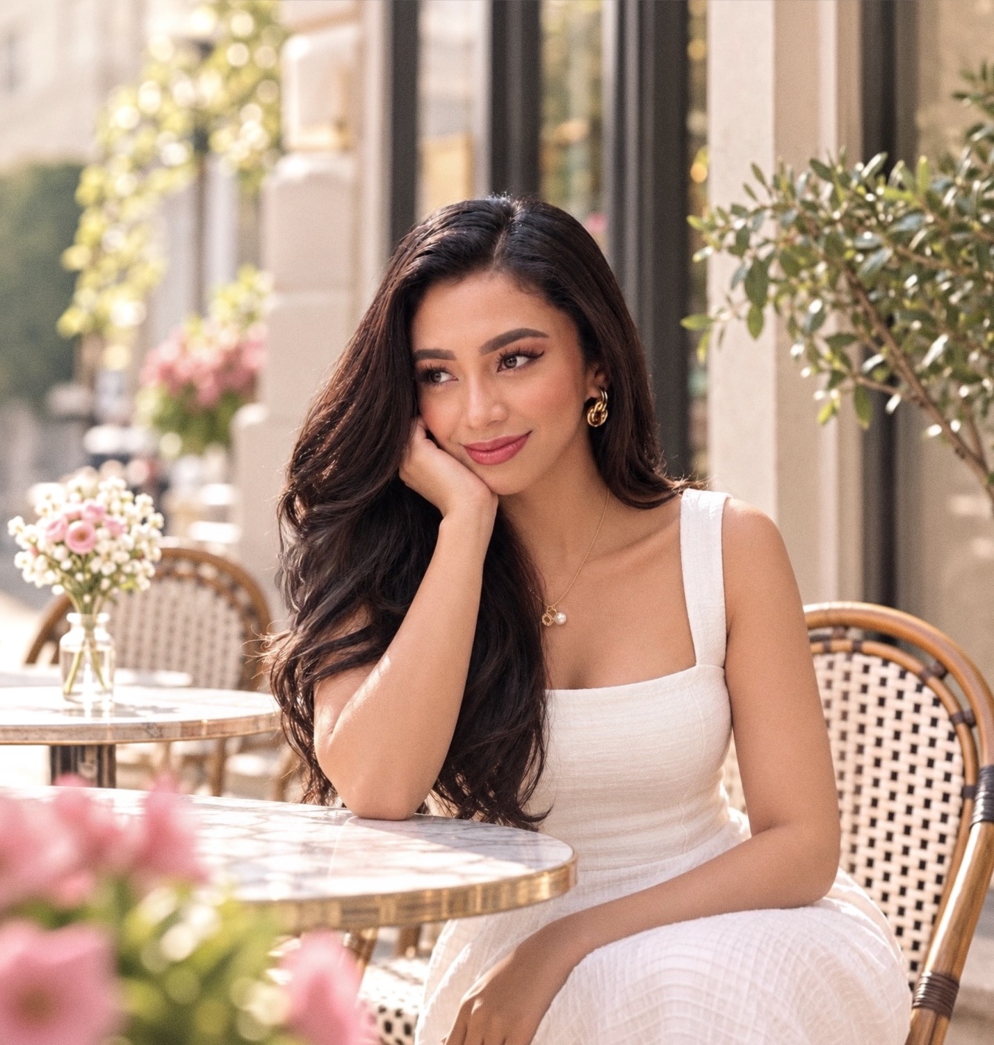 Alona Jabaybay seated at a sunlit café in a white dress